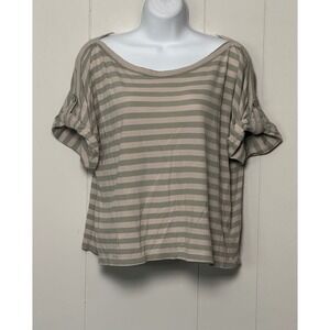 Fossil Women's Sage Green Tan Striped Tab Sleeve Scoop Neck Top Size M
